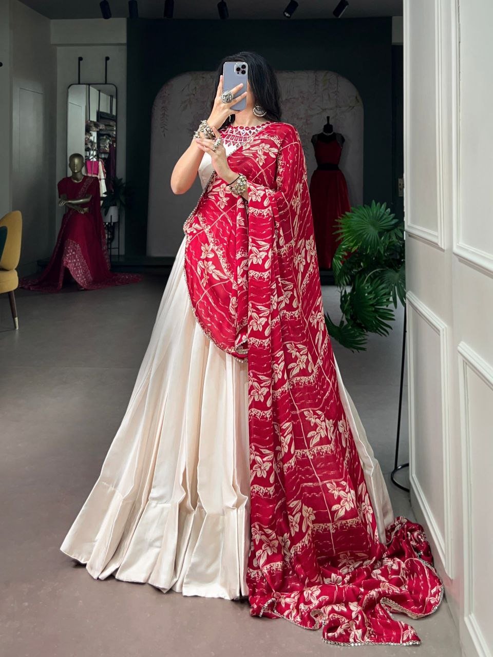 Embellished Neckline Silk Flared Lehenga Set with Floral Printed Dupatta