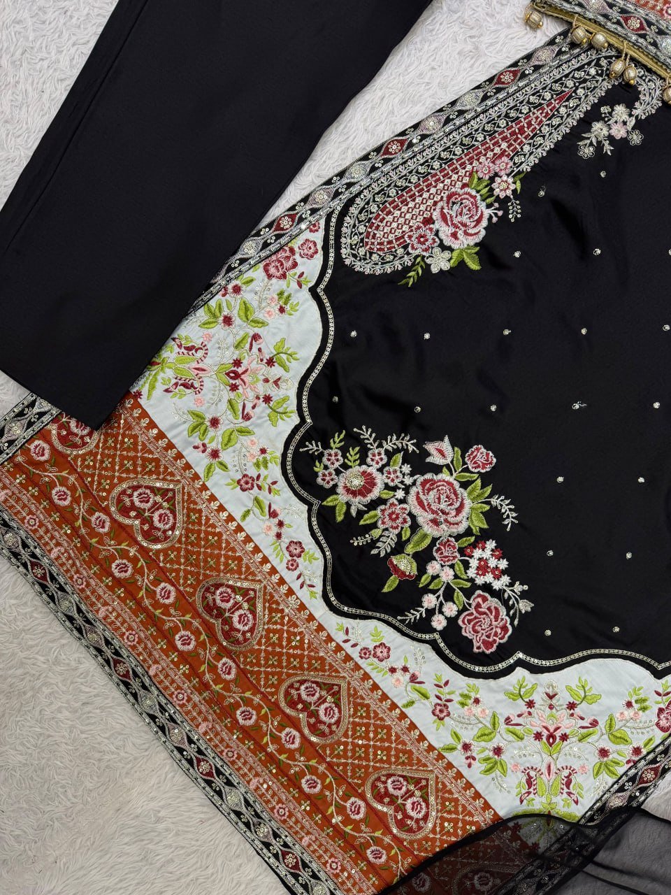 Embroidered Kaftan Kurta Set with Intricate Floral Borders and Shell Detail Cuffs