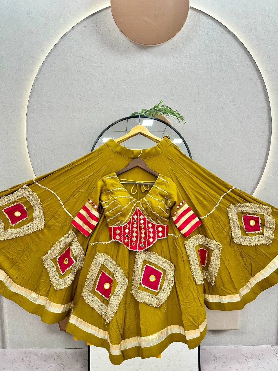 Mirror Work Patchwork Flare Flared Lehenga Choli with Embroidered Blouse