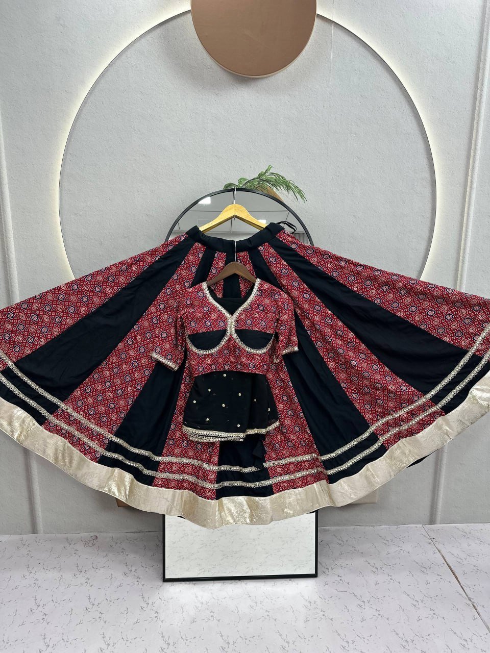 Printed Panel Flared Lehenga Choli with Lace Border Dupatta