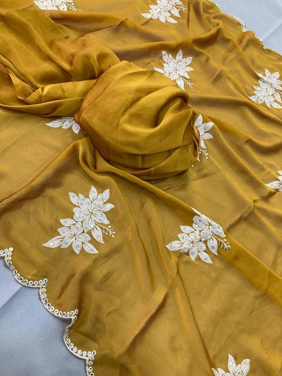 Garden Floral Romance Embroidered Saree with Scalloped Border