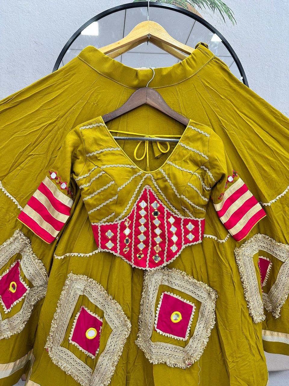 Mirror Work Patchwork Flare Flared Lehenga Choli with Embroidered Blouse