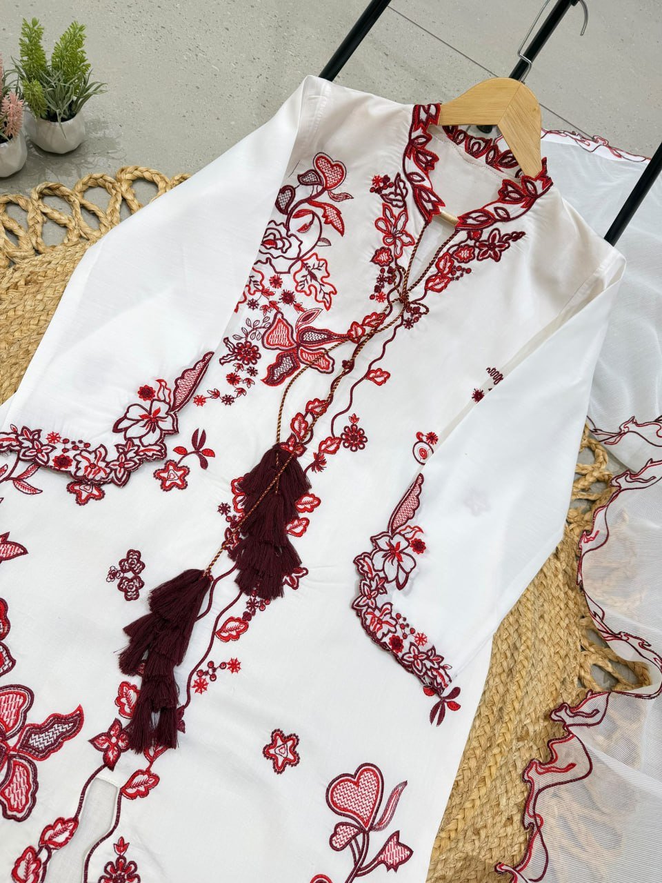Contemporary Floral Embroidered Suit with Delicate Sheer Dupatta