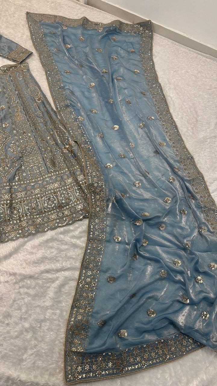 Sequined Heavy Embroidered Bridal Lehenga Set with Sheer Dupatta