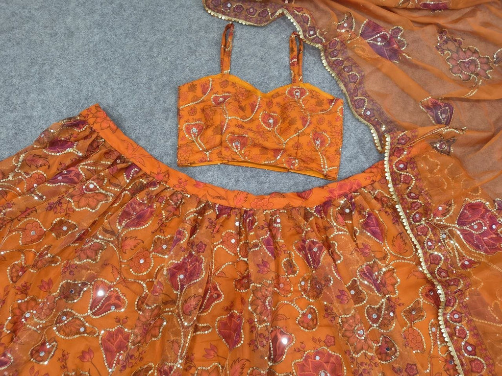 Organza Printed Lehenga Set with Intricate Sequined Threadwork