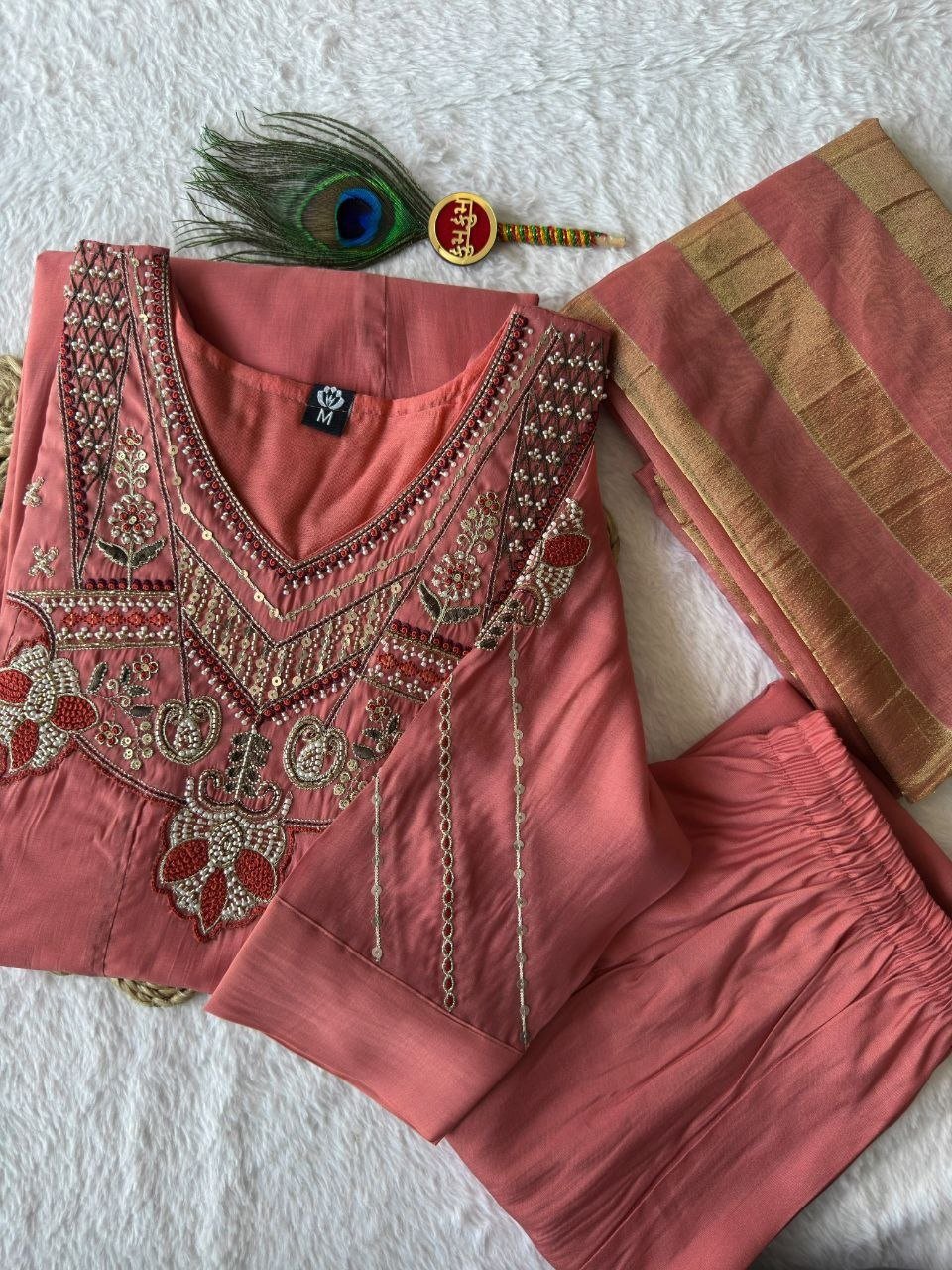 Embroidered Anarkali Kurta Set with Zari Striped Dupatta
