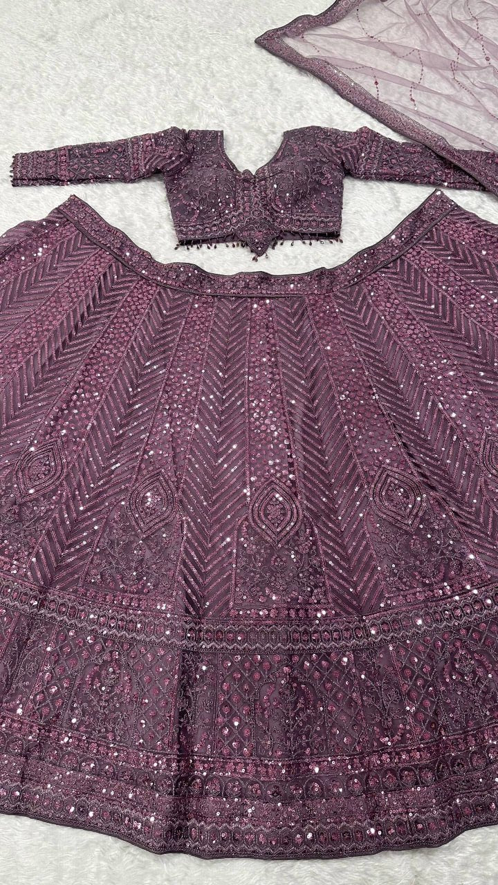 Sequined Chevron Patterned Lehenga Set with Long Net Shrug