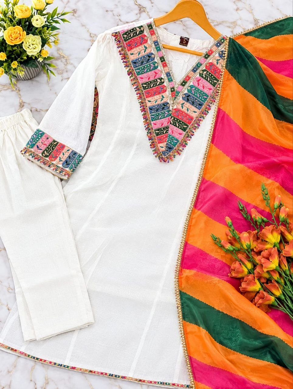 Artisanal Embroidered Anarkali Suit Set With Multihued Leheriya Dupatta - Surat Wholesale Ethnic Wear (Photo 8)