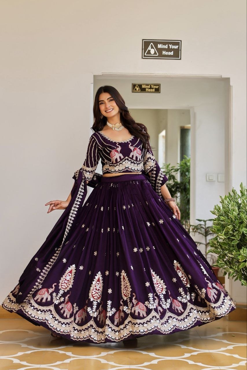 Elephant Motif Embroidered Silk Lehenga Set with Lace Border Dupatta - Surat Wholesale Ethnic Wear (Photo 8)