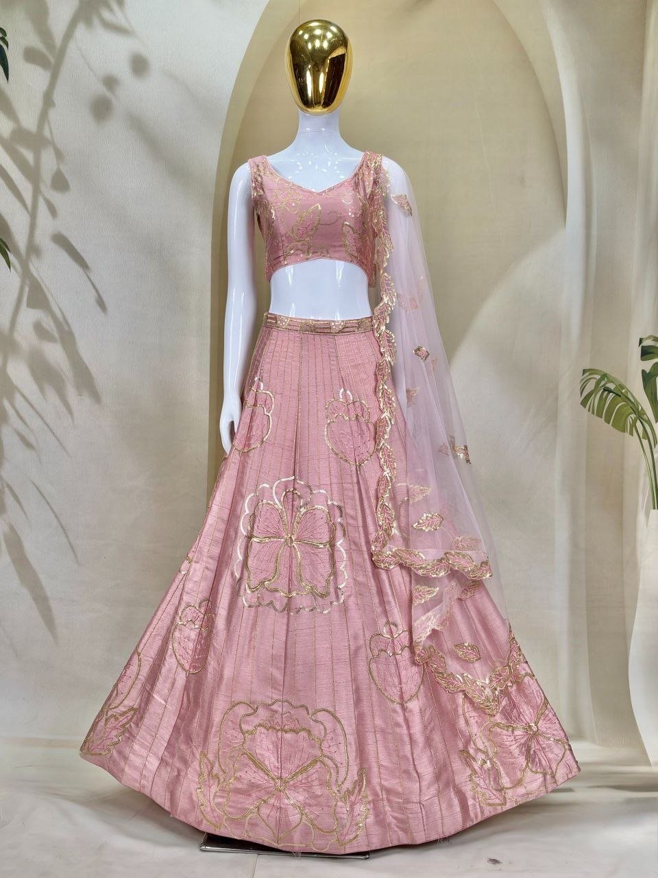 Gold Thread Embroidered Floral Lehenga Set with Scalloped Dupatta