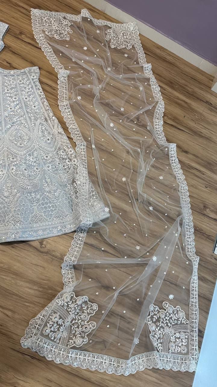 Chikankari Sequined Lehenga Set with Attached Cape Dupatta