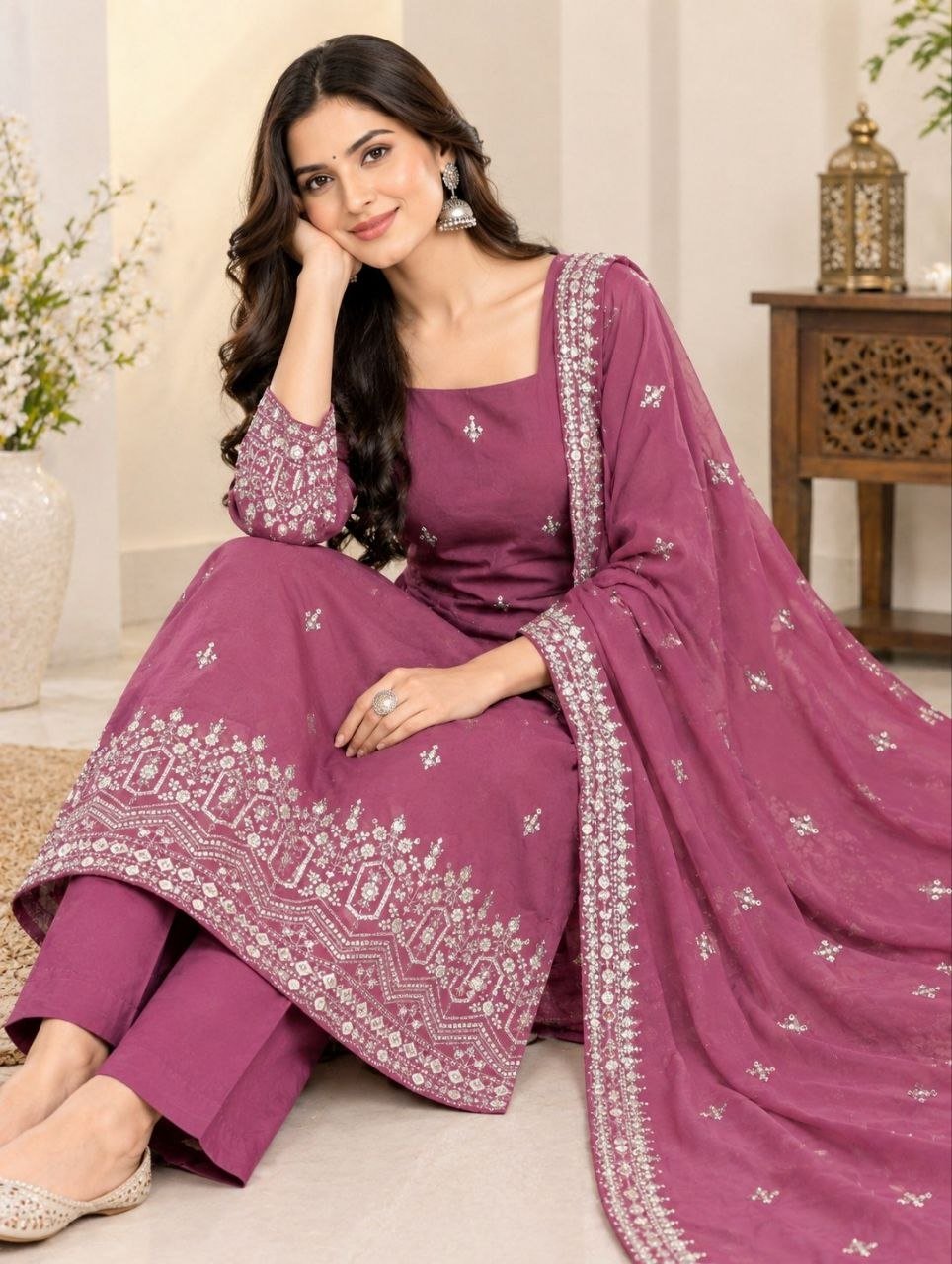 Embroidered Straight Fit Kurta Set With Matching Dupatta - Surat Wholesale Ethnic Wear (Photo 8)
