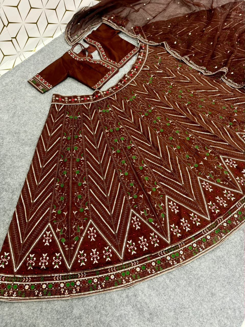 Intricate Zari Embroidered Silk Lehenga Set with Matching Dupatta - Surat Wholesale Ethnic Wear (Photo 8)