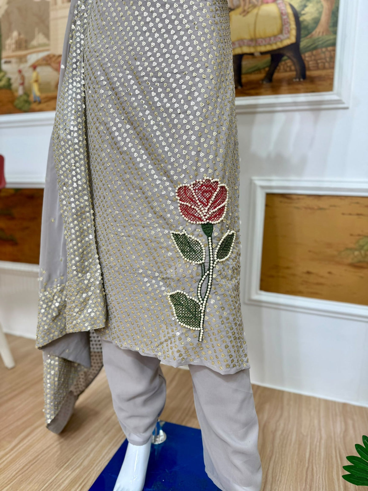Royal Heritage Embroidered Anarkali Suit Ensemble With Intricate Floral Motifs and Shimmering Details