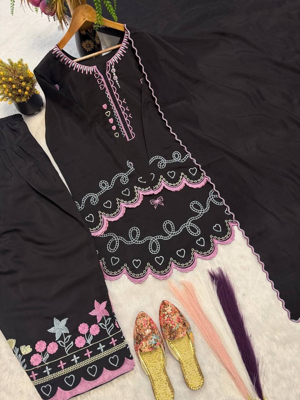 Playful Embroidered Short Kurta and Scalloped Palazzo Set