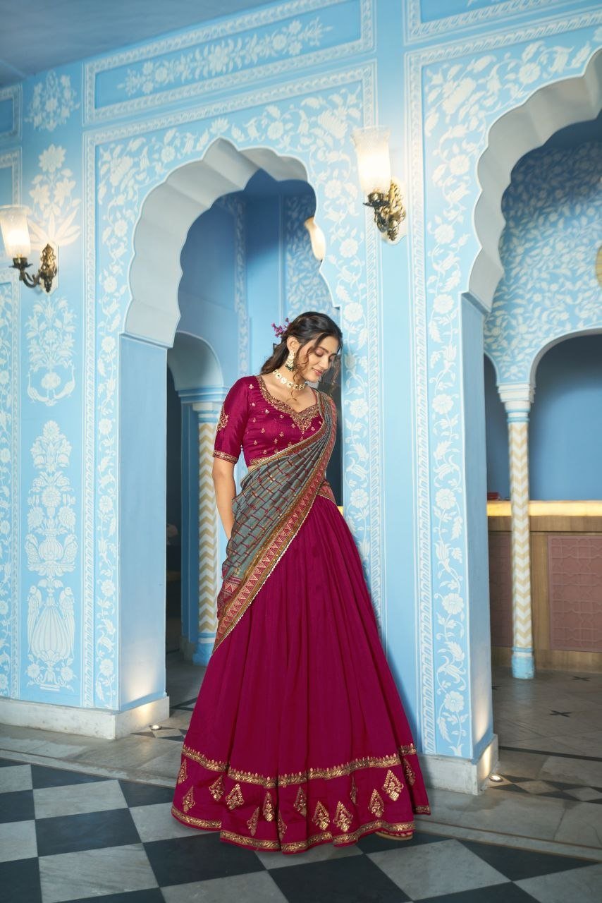 Embroidered Flared Silk Lehenga Set with Printed Dupatta - Surat Wholesale Ethnic Wear (Photo 8)