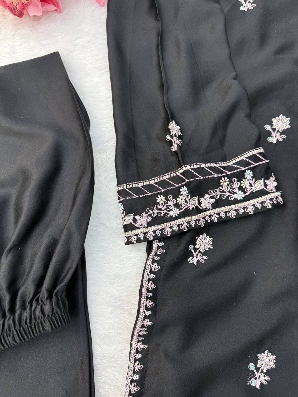 Midnight Radiance Embroidered Straight Kurta with Palazzo and Dupatta