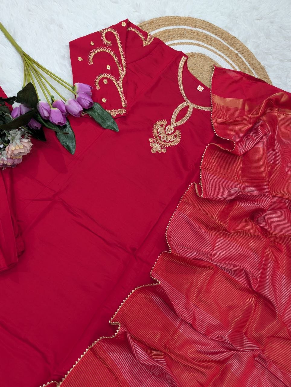Embroidered Neckline Straight Kurta Set With Organza Dupatta