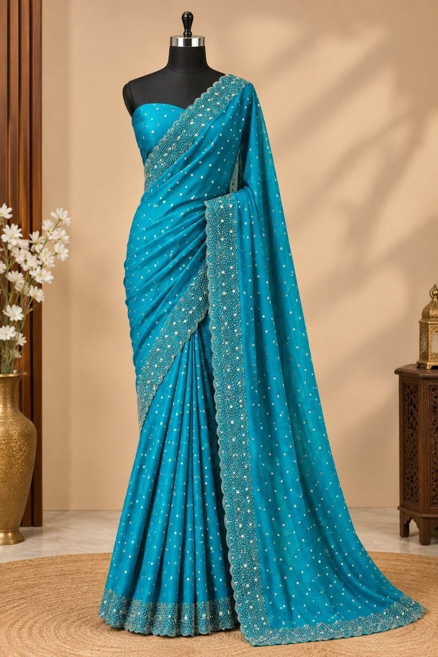 Midnight Radiance Embellished Draped Saree with Intricate Scalloped Border