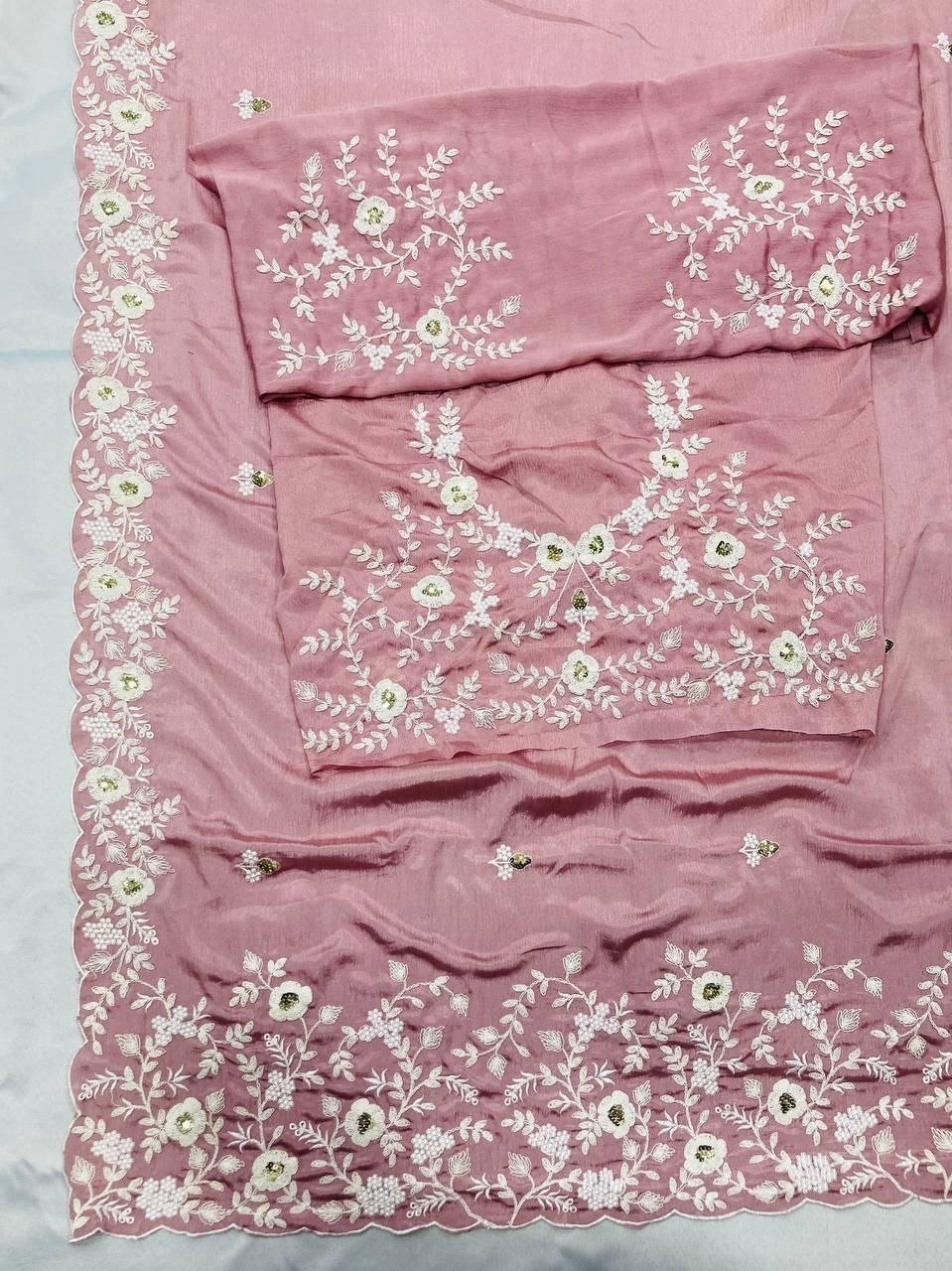 Effortless Floral Embroidered Saree with Delicate Border Detailing
