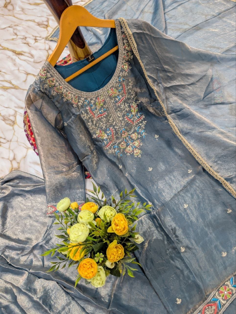Artisanal Threadwork Embroidered Straight Kurta Sharara Set with Sheer Dupatta