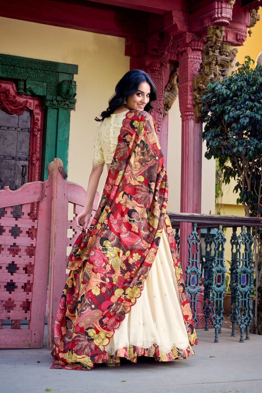 Traditional Kalamkari Print Border Silk Lehenga Set with Dupatta - Surat Wholesale Ethnic Wear (Photo 8)