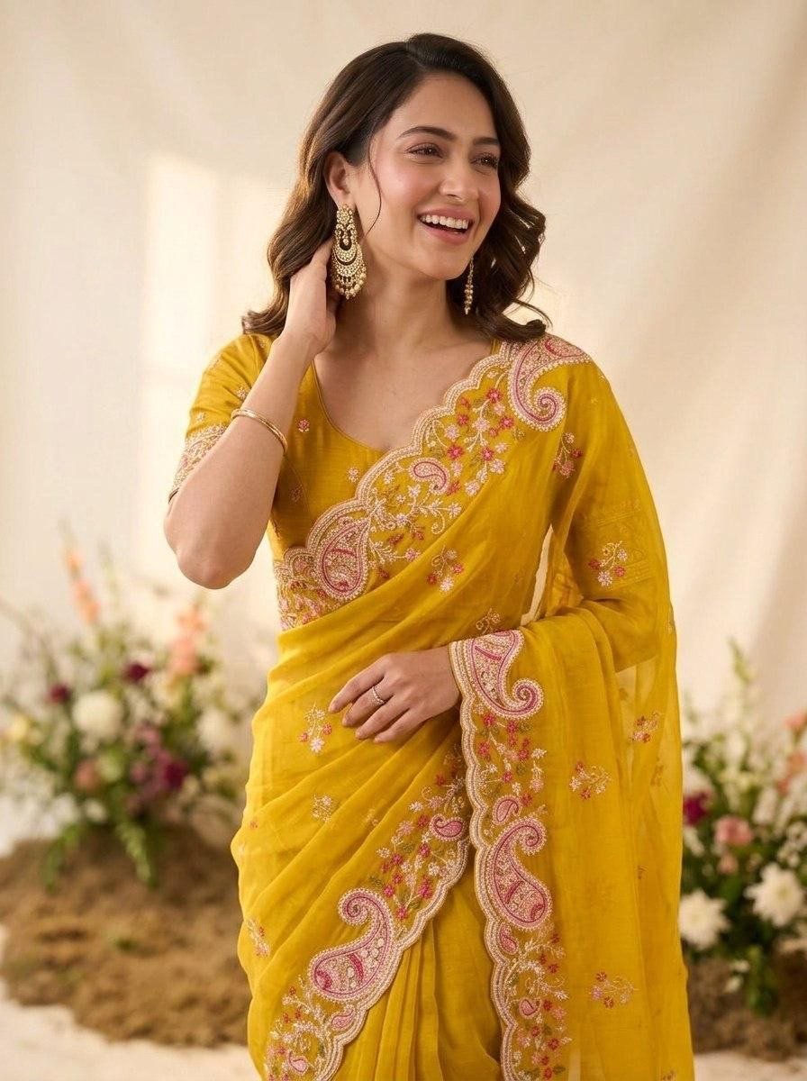 Garden Floral Romance Paisley Embroidered Draped Saree