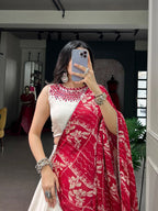 Embellished Neckline Silk Flared Lehenga Set with Floral Printed Dupatta