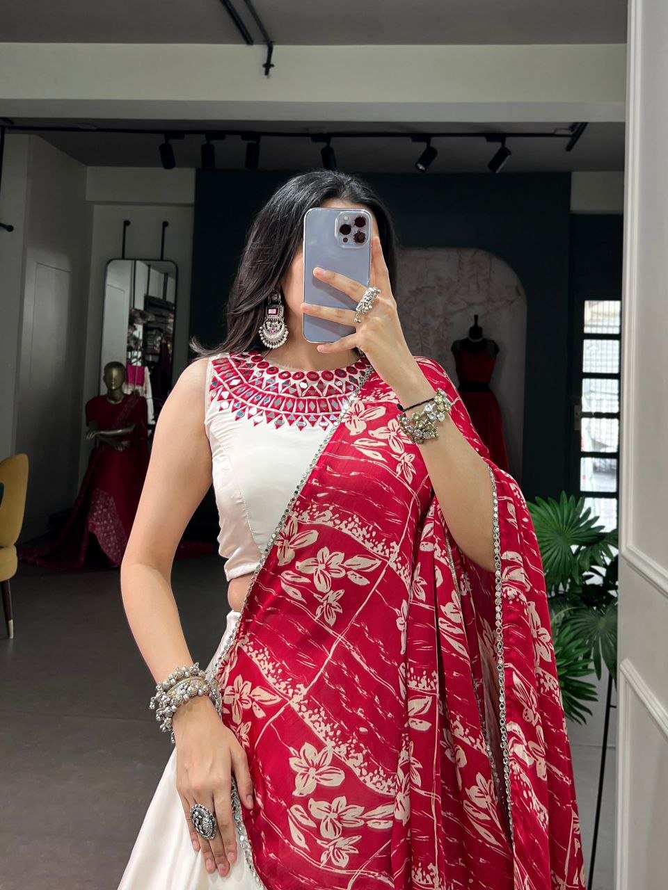 Embellished Neckline Silk Flared Lehenga Set with Floral Printed Dupatta