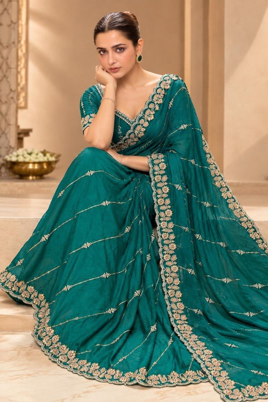 Timeless Splendor Embroidered Saree with Intricate Floral Zari Border Detailing - Surat Wholesale Ethnic Wear (Photo 8)
