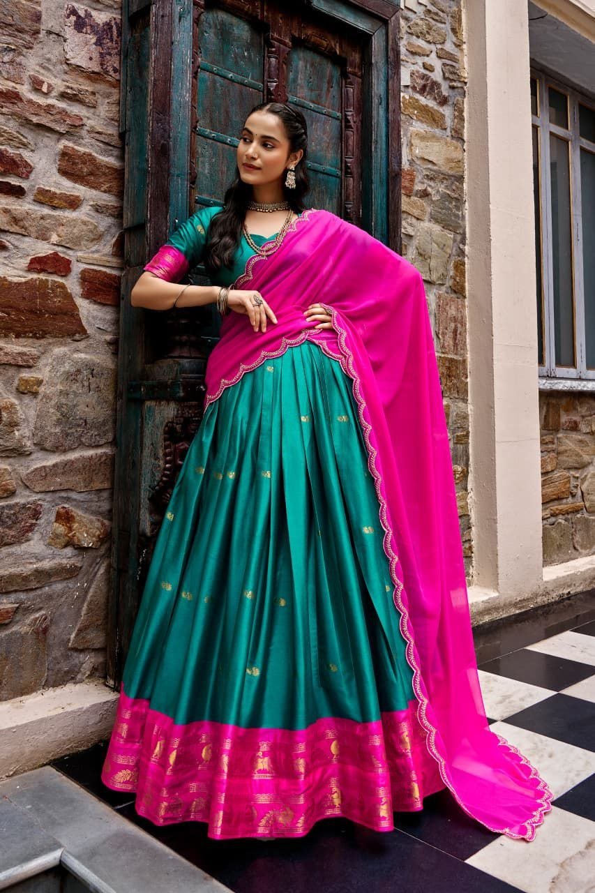 Traditional Zari Woven Silk Half Saree Set with Scalloped Embroidered Dupatta