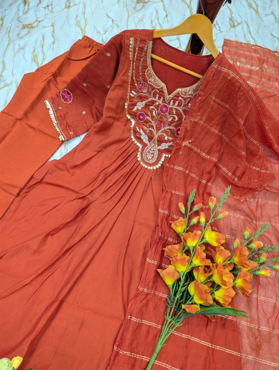 Intricate Embroidery Design on Solid Kurta Set with Striped Dupatta