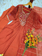 Intricate Embroidery Design on Solid Kurta Set with Striped Dupatta