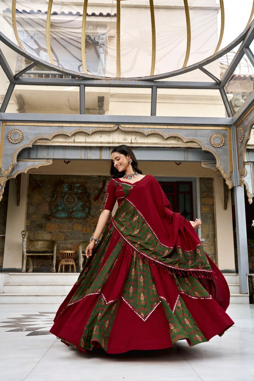 Printed Patchwork Flared Lehenga Choli Set With Pleated Hem