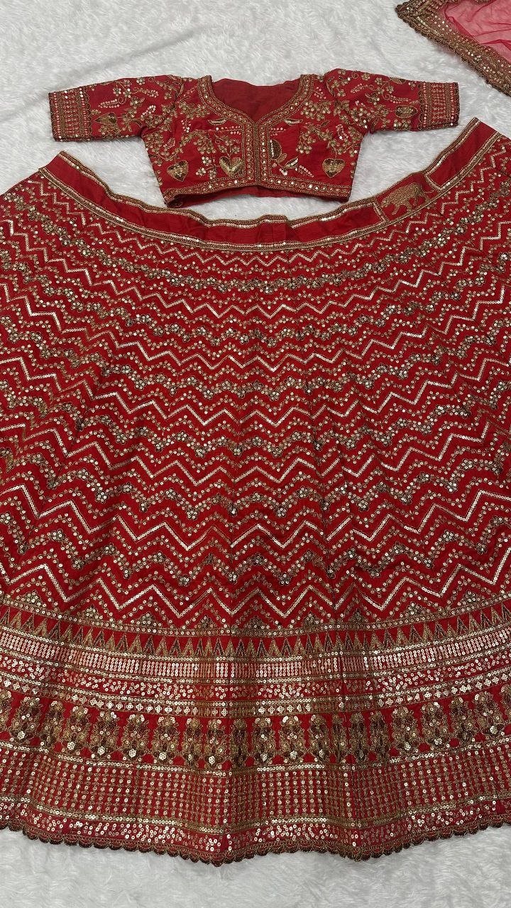 Chevron Embroidered Heavy Bridal Velvet Lehenga Set with Blouse