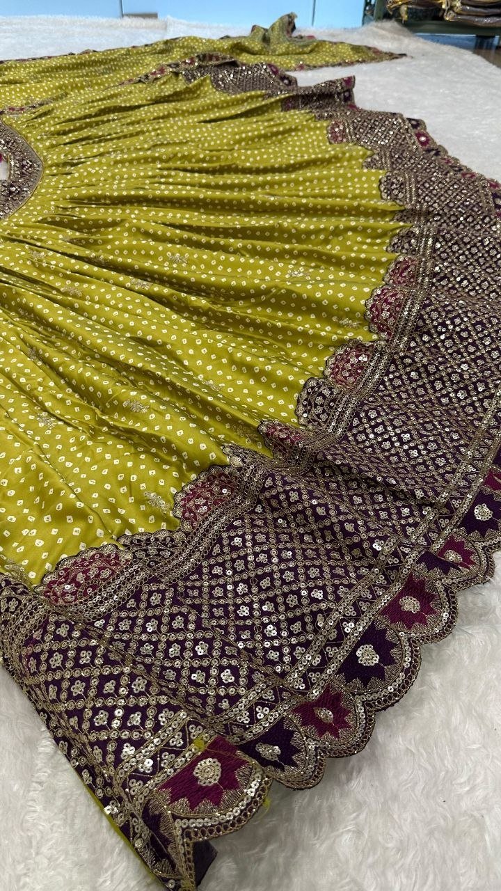 Bandhani Print Silk Lehenga Set with Embroidered Scallop Dupatta