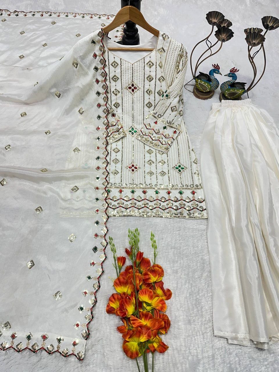 Cocktail Party Polish Palazzo Suit with Mirror Work