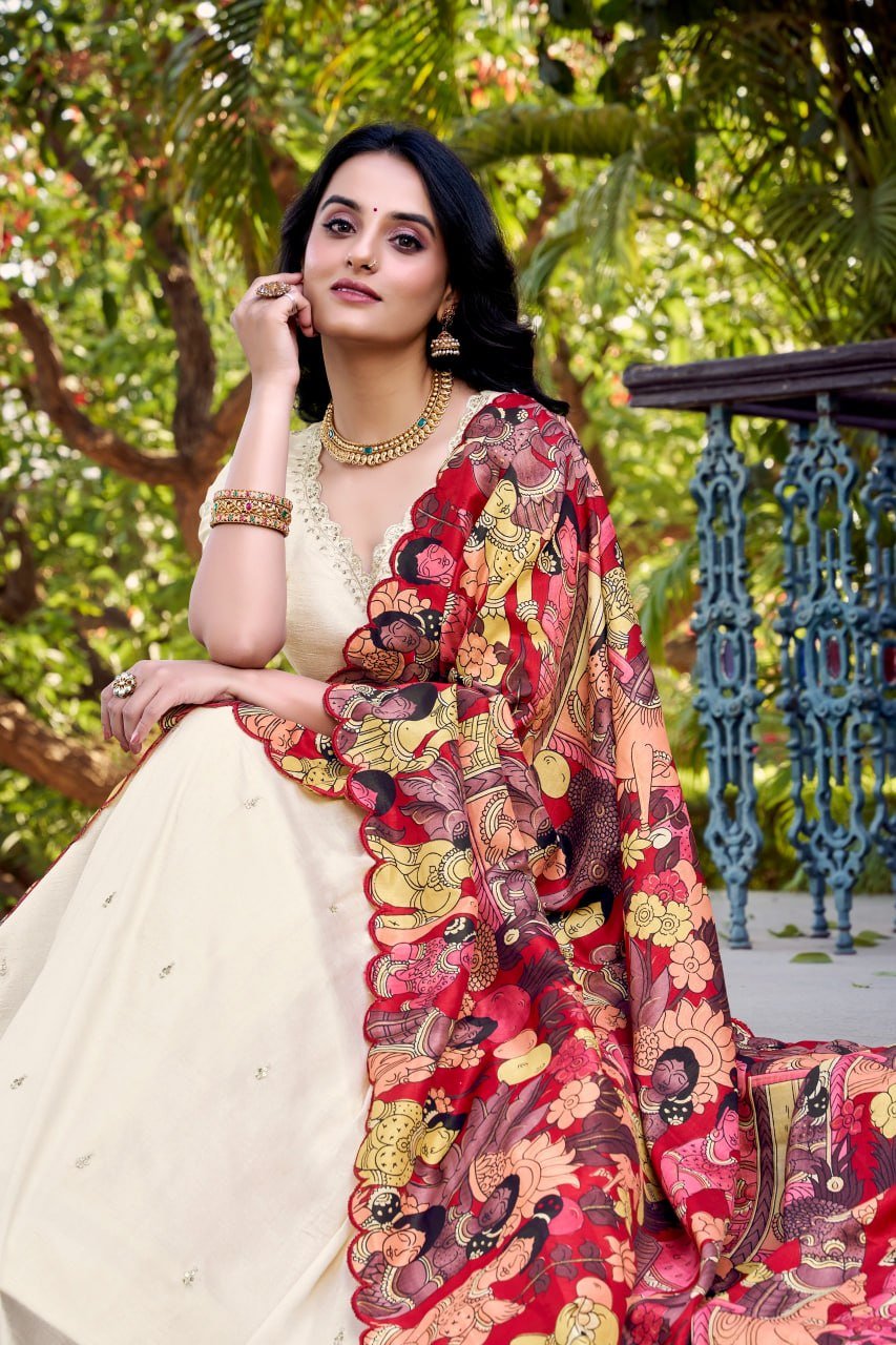 Traditional Kalamkari Print Border Silk Lehenga Set with Dupatta - Surat Wholesale Ethnic Wear (Photo 9)