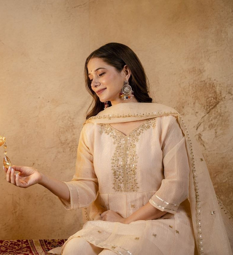 Embroidered Chanderi Kurta Set with Gota Patti Dupatta