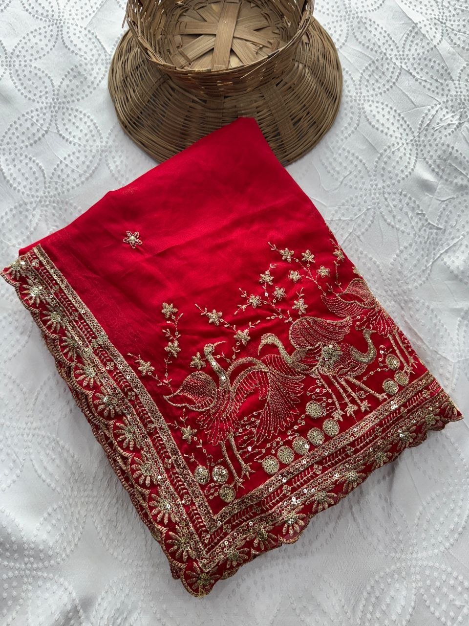 Regal Tradition Embroidered Saree with Ornate Peacock Border