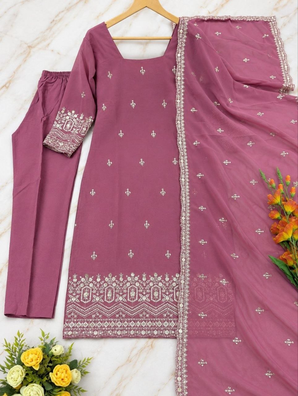 Embroidered Straight Fit Kurta Set With Matching Dupatta - Surat Wholesale Ethnic Wear (Photo 9)