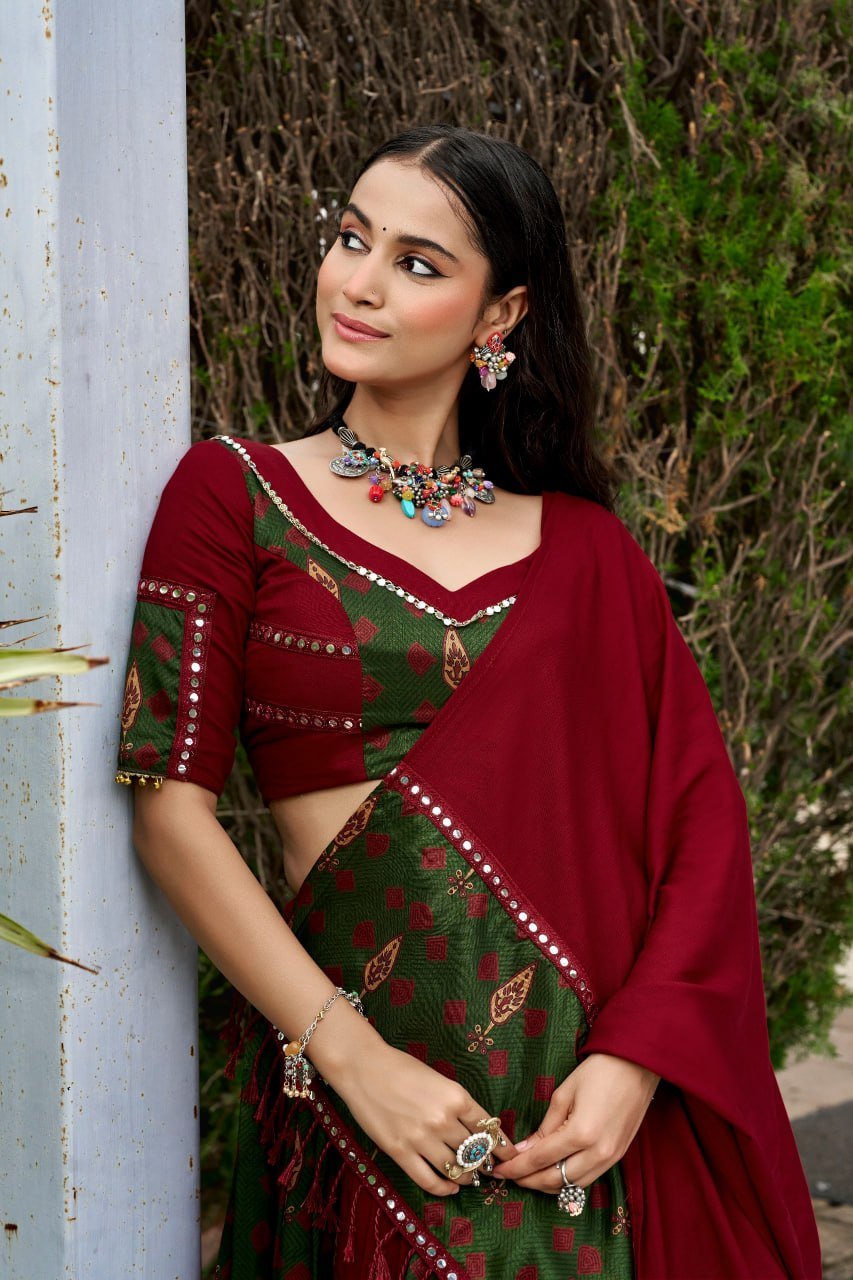 Printed Patchwork Flared Lehenga Choli Set With Pleated Hem
