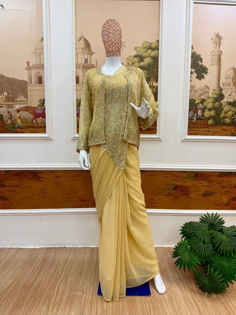 Sequined Heavy Work Jacket With Pre Stitched Draped Saree Set