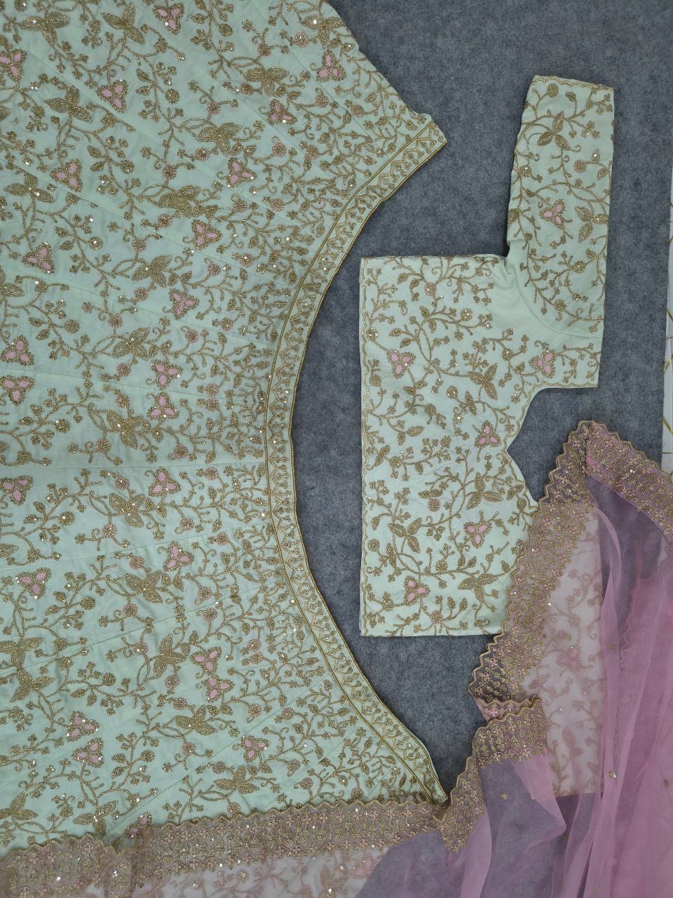 Delicate Floral Embroidered Lehenga Choli with Embroidered Cutwork Border Dupatta - Surat Wholesale Ethnic Wear (Photo 9)