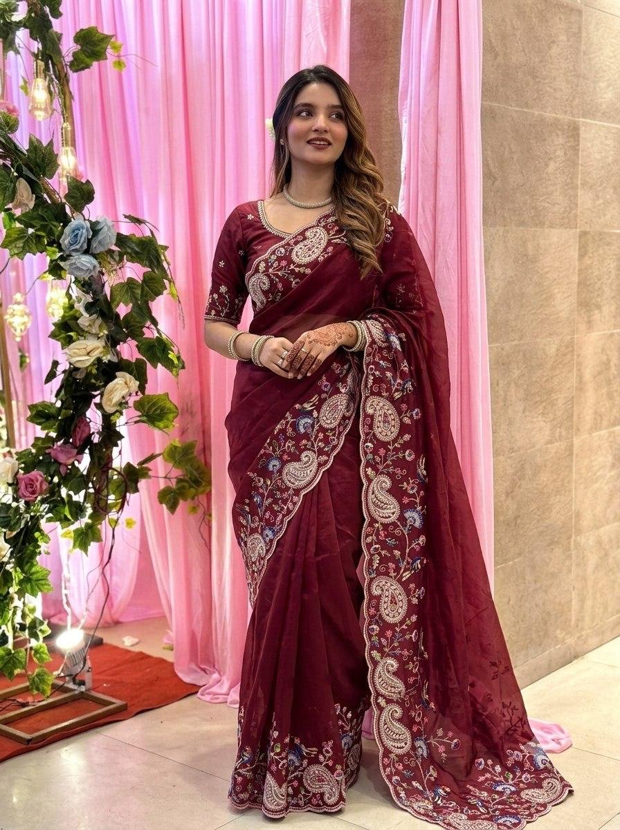 Paisley Embroidered Drapes with Intricate Borders for Regal Festive Moments