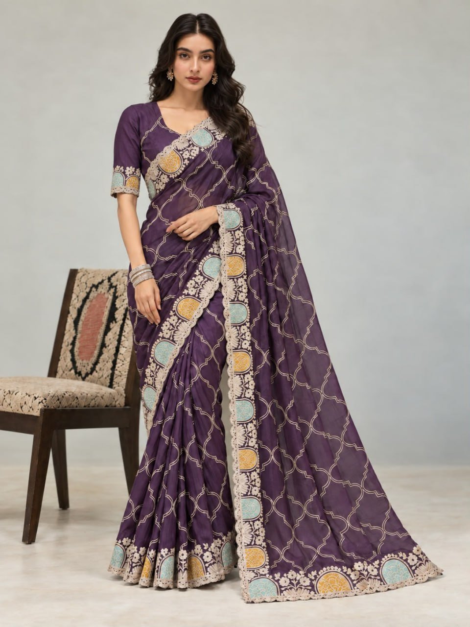 Royal Heritage Geometric Embroidered Saree with Multicolour Zari Border and Intricate Designer Blouse