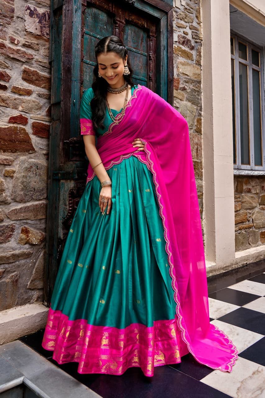 Traditional Zari Woven Silk Half Saree Set with Scalloped Embroidered Dupatta