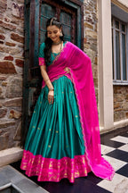 Traditional Zari Woven Silk Half Saree Set with Scalloped Embroidered Dupatta