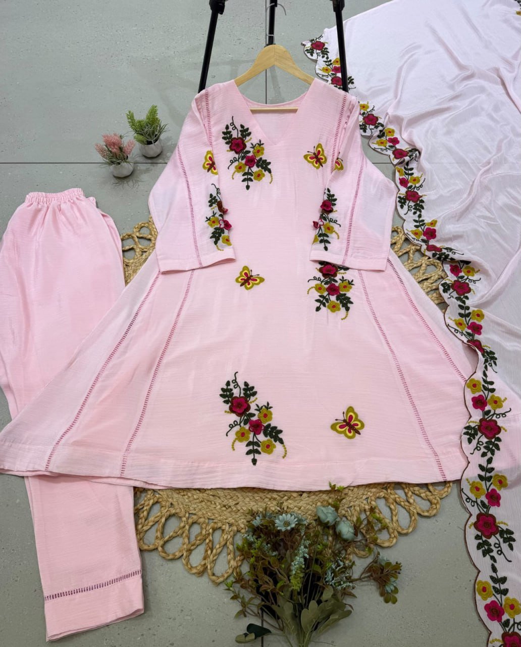 Garden Floral Romance Embroidered Anarkali Kurta with Dupatta Set