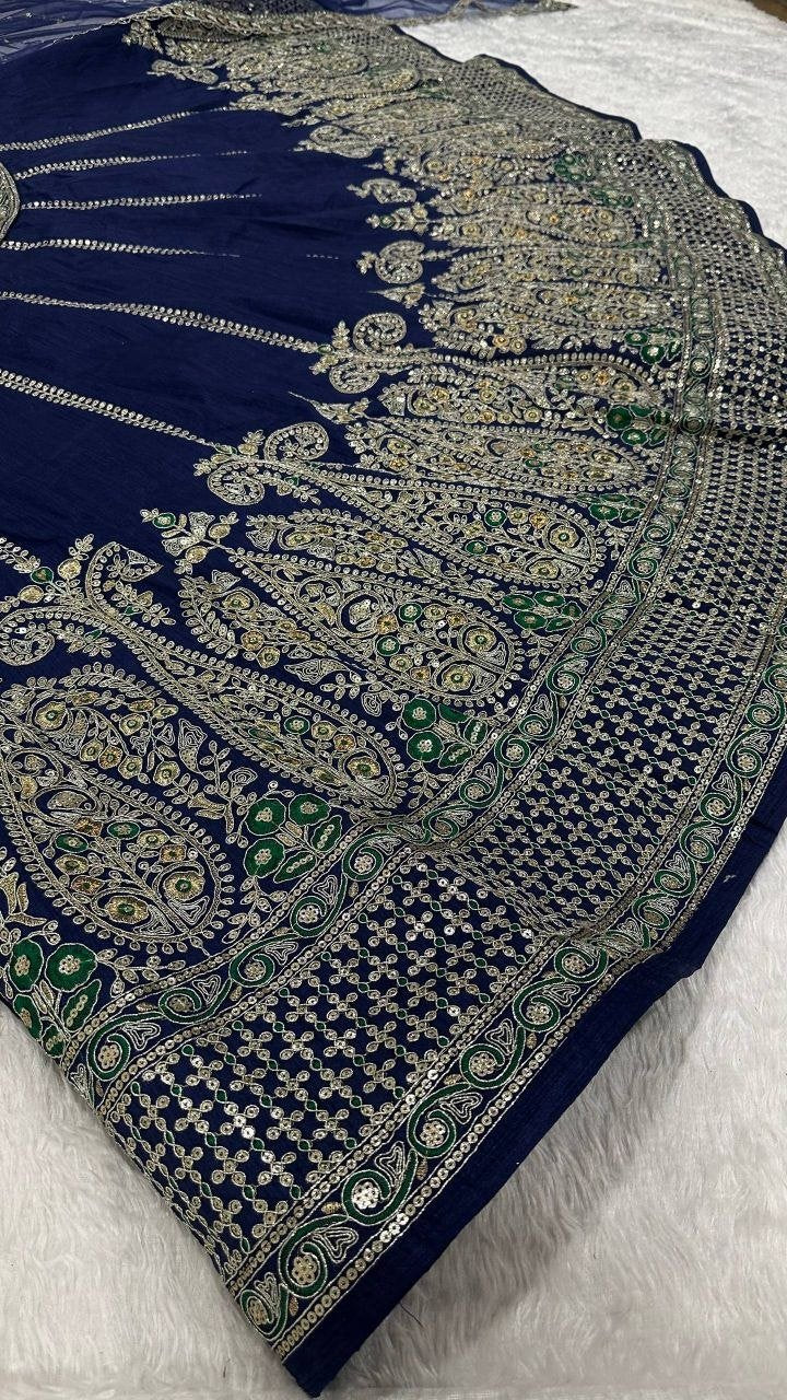 Paisley Motif Embellished Silk Lehenga Set with Draped Jacket Cape